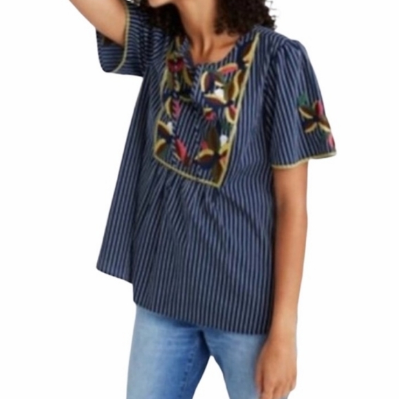 Madewell fable boho embroidered floral stiped top - Picture 1 of 12